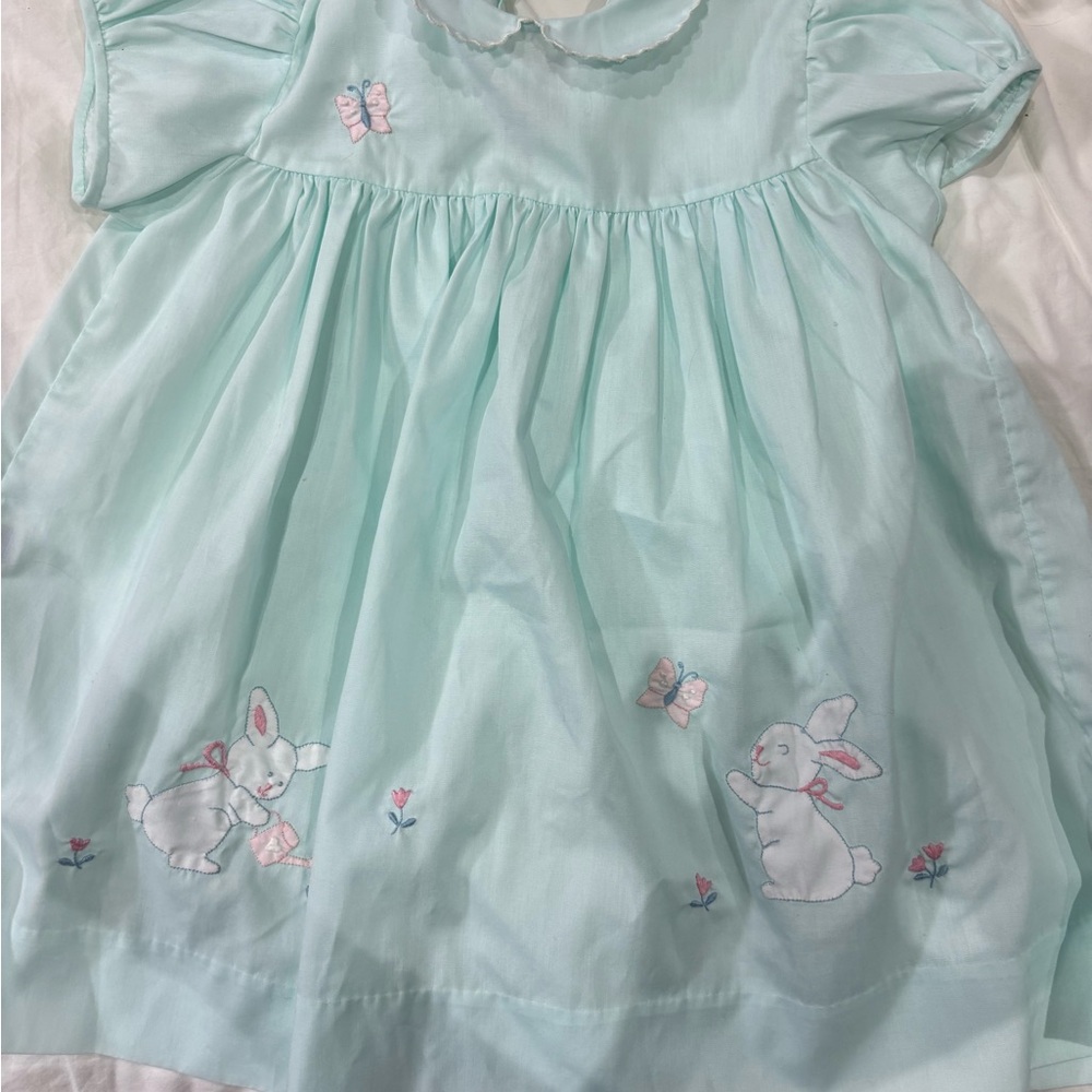 Vintage hand made Mint Green Dress with Bunny and Butterfly Embroidery